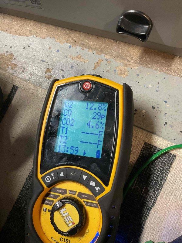 Performed annual furnace tune-up on 4-year-old FRP system. Replaced dirty filter and conducted combustion analysis with UEi C161 analyzer, confirming proper CO2 levels and system temperatures within acceptable parameters.