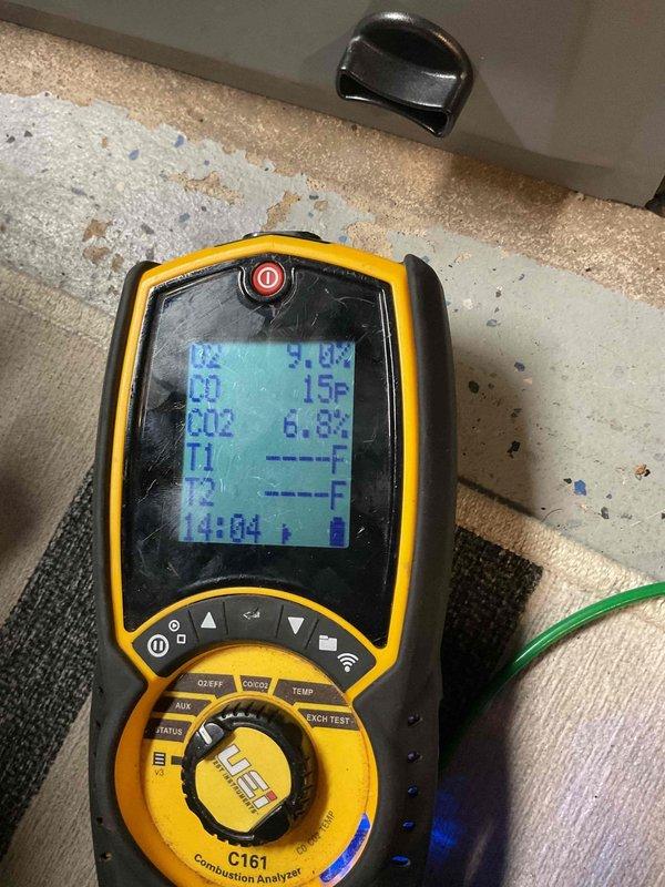 Performed annual furnace tune-up on 4-year-old FRP system. Replaced dirty filter and conducted combustion analysis with UEi C161 analyzer, confirming proper CO2 levels and system temperatures within acceptable parameters.
