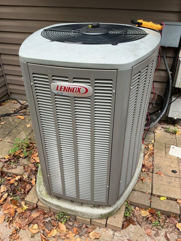 Diagnosed and replaced failed thermostat on 12-4 Lennox system (approximately 10 years old) that was experiencing no cooling issues and going into system waiting mode. Performed electrical testing with digital multimeter to verify proper voltage readings before installation. Customer advised about replacement options as system has reached end of expected service life.