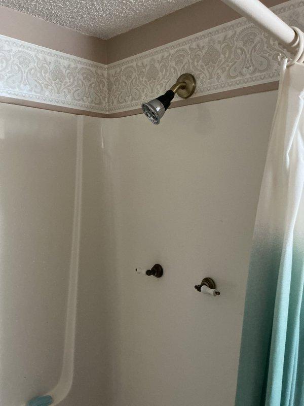 Performed inspection of basement shower valve system per landlord's request. Identified two issues: hot and cold water lines are reversed, and hot water side has restricted flow. Took photographs of the installation and presented replacement options to customer.