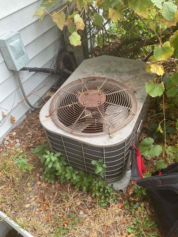 Responded to service call for AC not cooling. Diagnosed system with non-functional outdoor fan and inoperative blower motor. Due to unit's age (10+ years) and visible weathering, replaced both failed capacitor and blower motor, successfully restoring cooling operation.