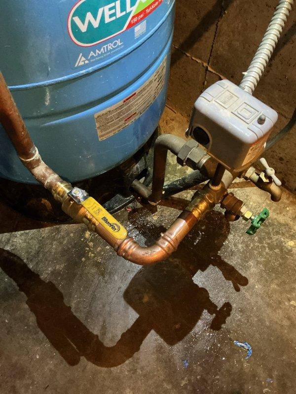 Responded to service call for leaking ball valve near AMTROL water pressure tank in basement. Identified source of leak causing water puddles on concrete floor. Replaced damaged ball valve and small section of connecting copper pipe to resolve the slow drip that customer reported had been ongoing for approximately two years. Responded to service call for leaking ball valve near AMTROL water pressure tank in basement. Identified source of leak causing water puddles on concrete floor. Replaced damaged ball valve and small section of connecting copper pipe to resolve the slow drip that customer reported had been ongoing for approximately two years.