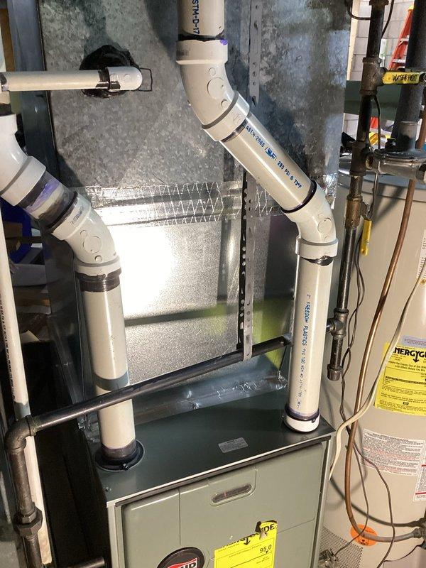 Performed comprehensive fall tune-up on 15-year-old forced air gas furnace. Service included inspection of heat exchanger via camera, verification of all safety components (pressure switch, limit switches, flame sensor, igniter), and testing of gas pressures and combustion air. System cycled successfully on both high and low settings, confirming proper operation with no issues detected.