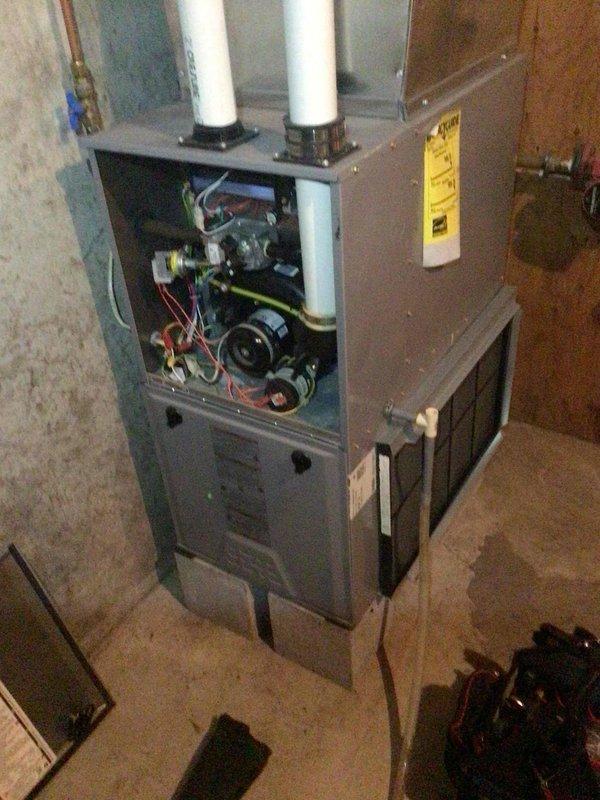 Performed scheduled maintenance on 8-year-old ICP model FG9MXE furnace. Completed comprehensive tune-up including flame sensor cleaning, electrical testing (all components within specifications), and heat exchanger inspection with no compromises detected. Verified drain lines clear and system functioning properly.