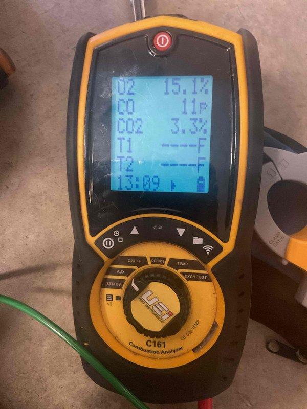 Performed scheduled furnace tune-up on approximately 10-15 year old unit. Conducted combustion analysis testing using UEi C161 analyzer with readings of O2 15.1%, CO 11p, and CO2 3.3%. Identified and replaced dirty air filter to improve system efficiency and airflow. Noted two long nails near starter and fuel source which were addressed during service.
