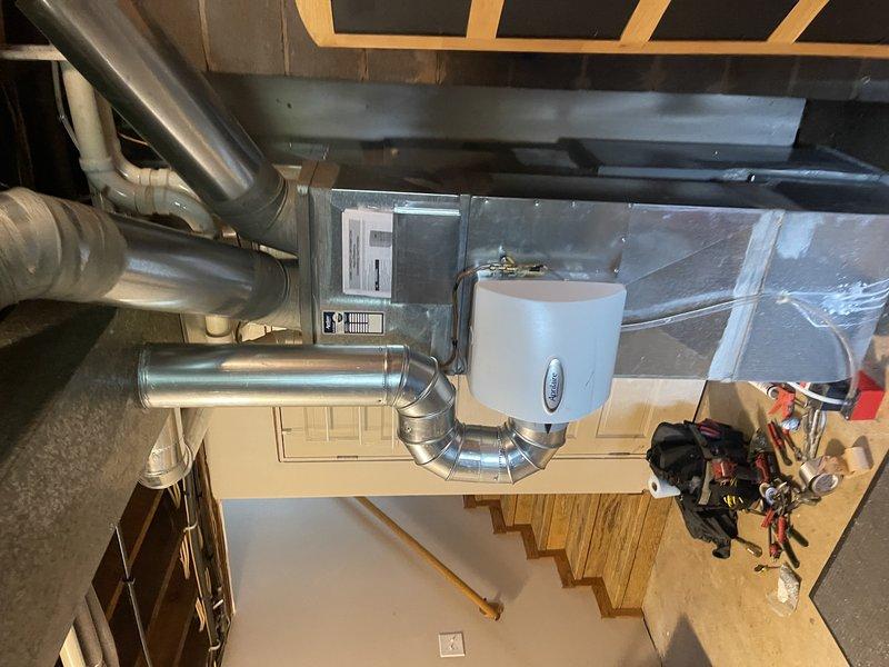 Repositioned and reinstalled humidifier unit on HVAC ductwork per approved estimate, rotating the unit so that the pipe connection is now on the left side. Completed all necessary piping modifications and connections to ensure proper system functionality, with total labor time of 2 hours using stock parts.