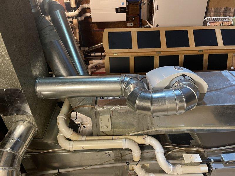Repositioned and reinstalled humidifier unit on HVAC ductwork per approved estimate, rotating the unit so that the pipe connection is now on the left side. Completed all necessary piping modifications and connections to ensure proper system functionality, with total labor time of 2 hours using stock parts.