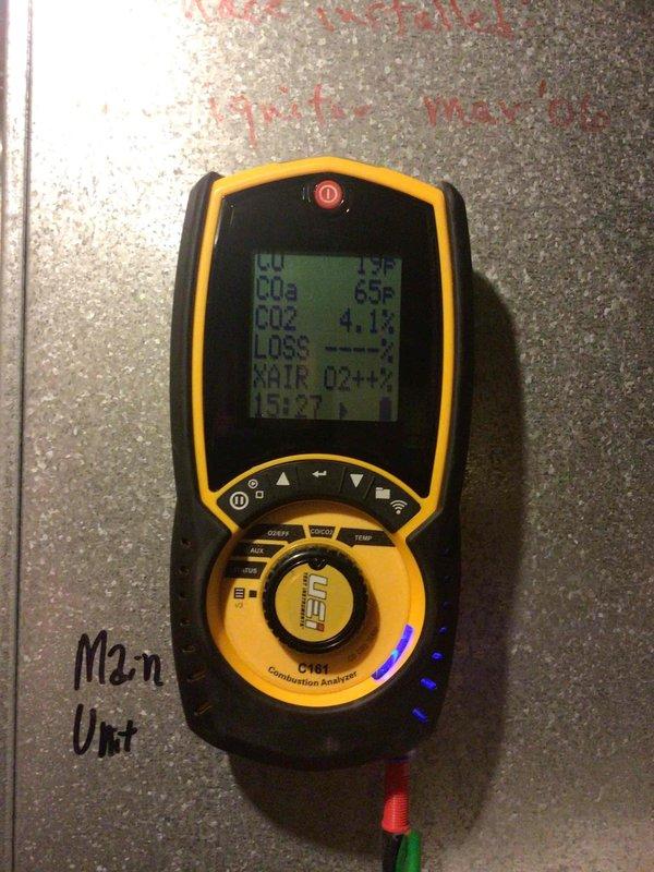Performed routine maintenance agreement service on two furnaces. Conducted complete combustion analysis on both main and backup units as required by the maintenance agreement. Both units passed CO testing with acceptable readings as verified by UEi combustion analyzer measurements.