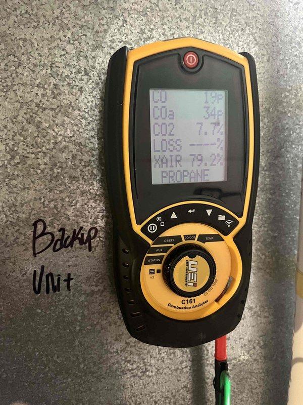 Performed routine maintenance agreement service on two furnaces. Conducted complete combustion analysis on both main and backup units as required by the maintenance agreement. Both units passed CO testing with acceptable readings as verified by UEi combustion analyzer measurements.
