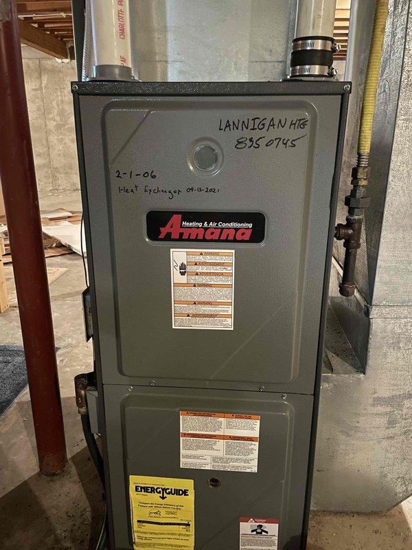 Performed preventative maintenance on 10-12 year old LP Amana furnace. Diagnostic inspection revealed critical end-of-life conditions including deteriorated burners, failing inducer and blower motor bearings, and a weak ignitor (confirmed via ohm check). Due to age and multiple component failures, recommended complete furnace replacement rather than extensive repairs.