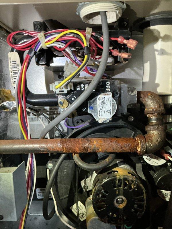 Completed furnace maintenance inspection on 7-year-old system. Inspected blower wheel assembly and found it in good working condition. Observed signs of corrosion on copper piping near the furnace components. System is currently functioning properly. Customer enrolled in Family Rewards program.