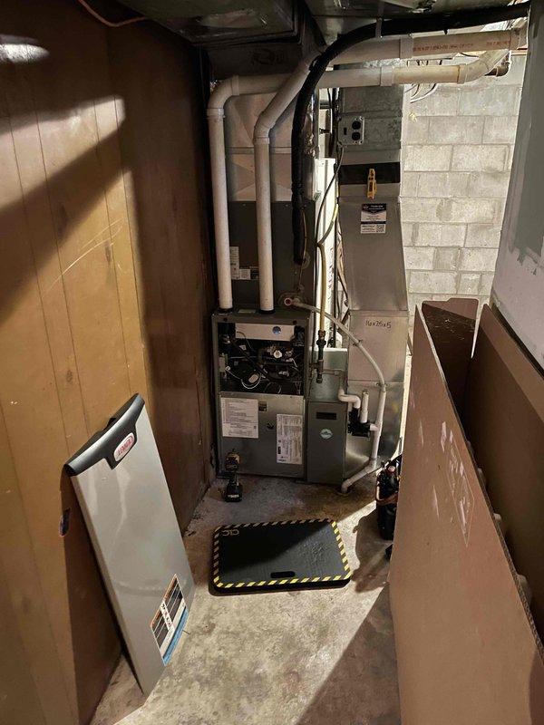 Performed annual maintenance check on 1-year-old Lennox furnace system. Inspected all components and found all parameters within specification except for significantly clogged air filter. System otherwise functioning properly. Customer advised on filter replacement schedule to maintain warranty coverage and will self-replace filter. Scheduled follow-up AC tune-up for spring.