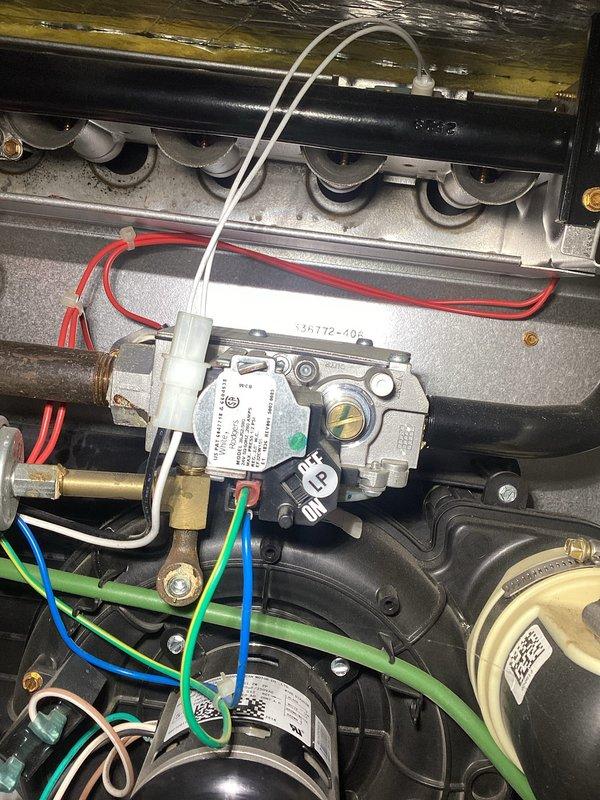 Responded to no heat complaint for 4-year-old LP furnace with failed ignition code. Diagnosed sticking gas valve solenoid by confirming proper igniter operation and 24V to valve without opening. Temporarily restored operation by tapping valve and cycling switch. Recommended gas valve replacement as permanent solution and advised customer on future tune-up service during same visit.