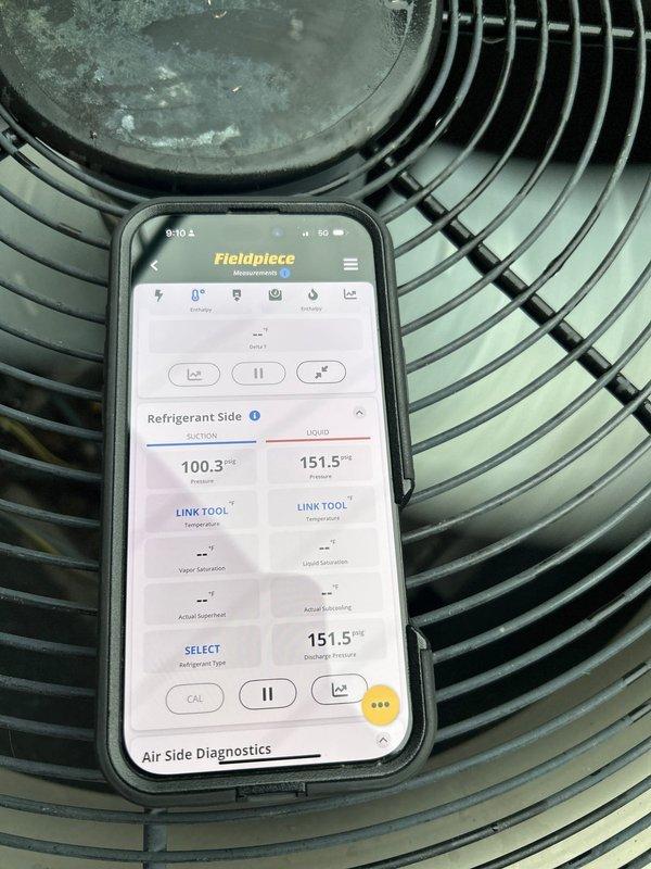 Diagnosed and repaired 10-year-old HVAC system that was failing to cool properly. Investigation revealed a faulty capacitor preventing the outdoor condensing unit from operating correctly. Replaced the defective capacitor and verified proper system operation with post-repair diagnostics showing appropriate refrigerant pressures (100.3 PSI suction, 151.5 PSI liquid).