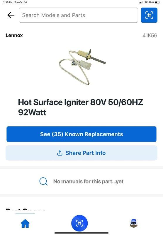 Responded to no heat call for 20-year-old furnace. Diagnosed failed hot surface igniter (HSI) as primary issue. Replaced defective HSI (Lennox 80V 50/60Hz 92W, part #41K56) to restore heating function. Customer advised of potential additional age-related issues that may require attention in the future.