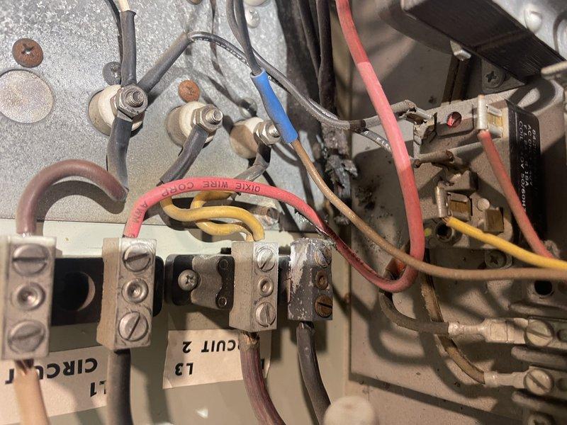 Diagnosed and repaired electric furnace issue where blower fan was running continuously. Found stuck relay in the electric furnace that prevented proper termination of airflow when using wood heat. Replaced faulty relay and secured damaged wiring for unused second stage heat circuit by turning off the associated breaker and taping off burnt wires after confirming with resident that this heating stage was not utilized.