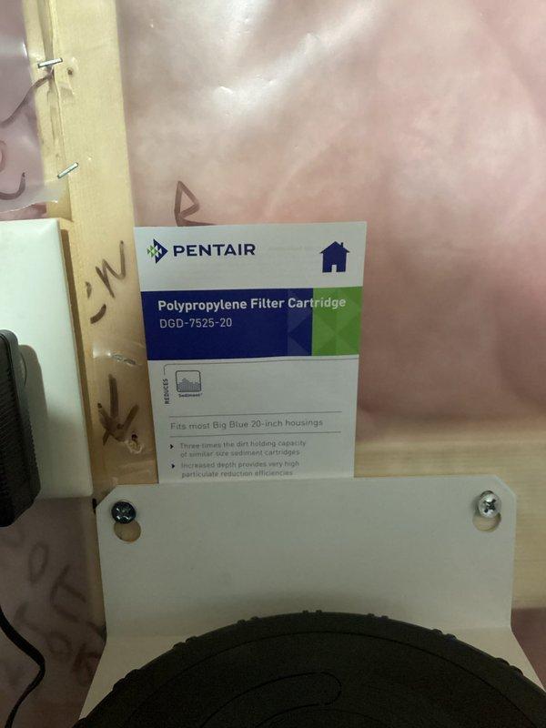 Performed water quality assessment finding 2-3 grains hardness, pH level at 7+, no iron, but high nitrates. Adjusted water softener settings to improve performance and replaced existing sediment filter with a new Pentair polypropylene filter cartridge (DGD-7525-20) to address client's water quality concerns.