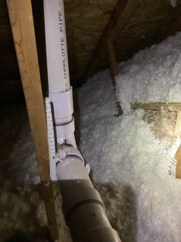 Responded to service call regarding disconnected vent pipe in attic. Located and accessed the attic space where PVC vent stack was detached from roof connection. Successfully reconnected the Charlotte PVC vent pipe to the existing plumbing system, ensuring proper venting of the sewer stack per code requirements.