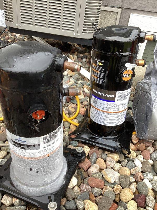 Completed compressor replacement on Lennox AC system. Installed new OEM Copeland compressor, evacuated system, and recharged refrigerant to manufacturer's specifications. System tested to confirm normal operation; contactor verified and existing 35/5uf capacitor checked and confirmed within proper operational range.
