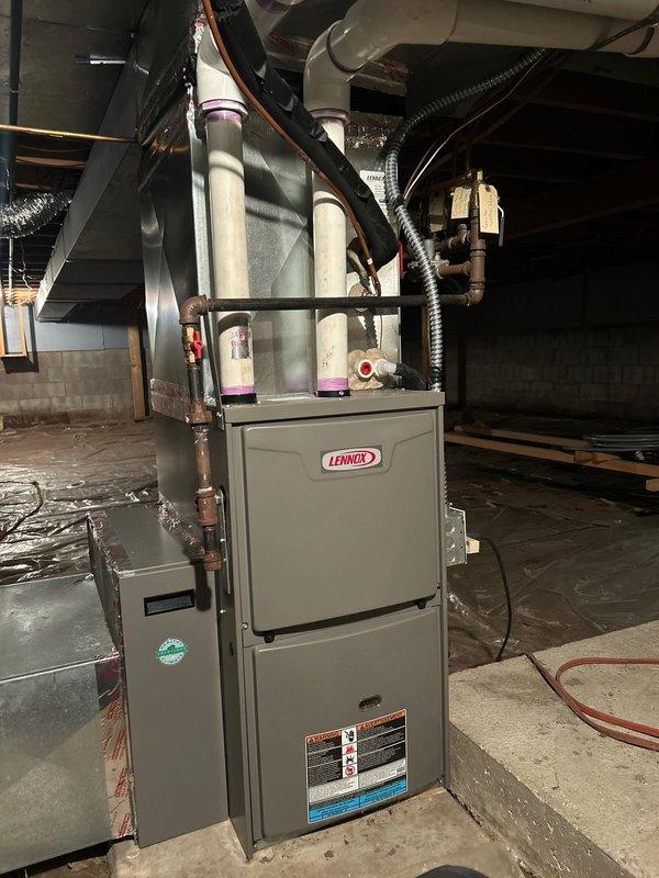 Performed routine maintenance inspection on customer's 6-7 year old natural gas Lennox furnace originally installed by K&S. Completed comprehensive tuneup including filter replacement. System is operating safely with proper combustion and no major issues or concerns detected. Unit is in overall good condition and functioning as designed.