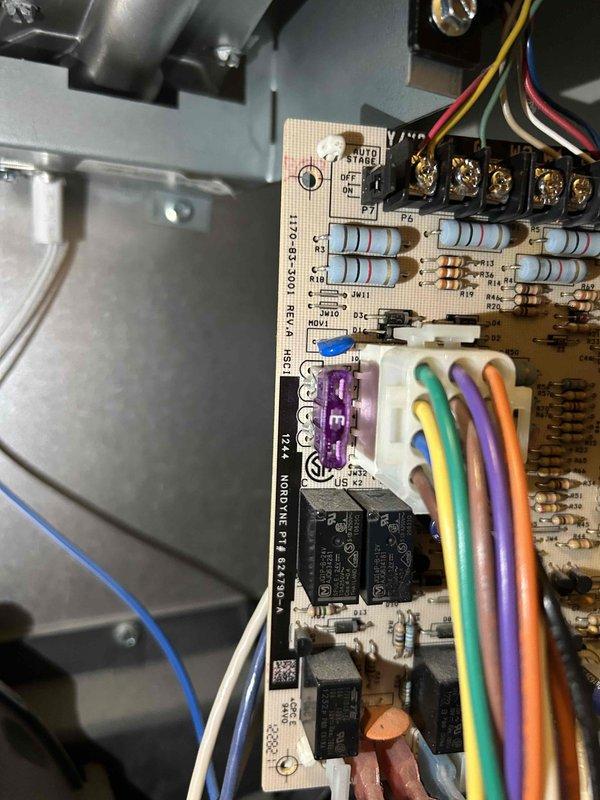Diagnosed Gibson furnace exhibiting no heat condition. Upon inspection, found malfunctioning control board with damaged solder connections affecting pressure switch operation, preventing proper blower function. Tested heat cycle and blower components, confirming board failure as primary issue. Recommended control board replacement which customer opted to defer at this time.