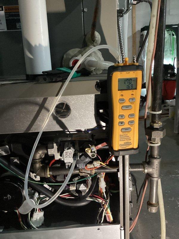 Performed furnace tune-up on 3-year-old FRP system. Tested all components finding all within specifications, replaced dirty filter, verified proper gas pressures, inspected heat exchanger with no issues found, and confirmed proper venting. System operating correctly with 70-degree temperature rise during 15-minute test cycle.