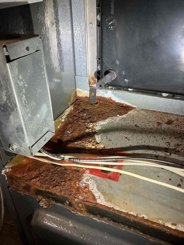 Performed tune-up inspection on 21-year-old Goodman furnace. Discovered severe safety issues including leaking collector box seal and draft motor seal causing significant corrosion, plus multiple heat exchanger failures (pinholes around bends and large hole in primary heat exchanger). Combustion analysis confirmed elevated carbon monoxide levels with compromised flame pattern due to air infiltration through heat exchanger breach. System condemned as unsafe to operate; recommended immediate shutdown pending repair or replacement. Service advisor appointment scheduled.