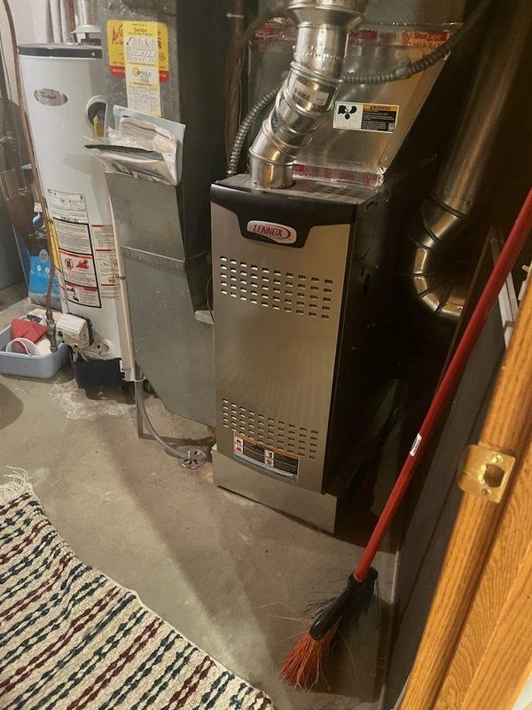 Responded to no heat complaint where thermostat was set at 74° but space temperature only reaching 69°. Upon inspection of the Lennox furnace (less than 10 years old), determined the issue was a dirty filter. Replaced filter on hinged filter rack and verified proper system operation.