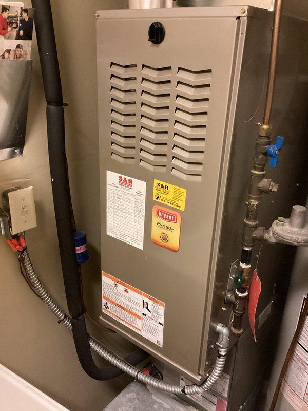 Performed scheduled maintenance on 8-year-old Bryant furnace. Inspected gas pressure, electrical components, and condensation drains - all in good working condition. Cleaned flame sensor and verified proper ignitor operation; system is burning safely with good amp draws on inducer and blower motors. Unit is still under manufacturer parts warranty with no issues found.