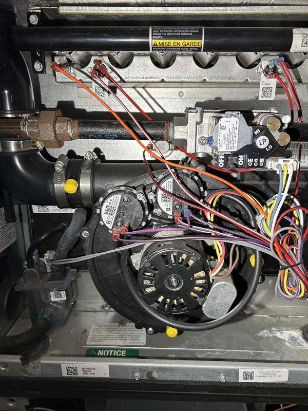 Performed 3-year maintenance tune-up on residential furnace system with integrated humidifier. Cleared condensation drain line of debris buildup, replaced dirty air filter, and cleaned flame sensor. Inspected and verified proper operation of blower wheel motor, inducer motor, gas pressure sensor, and pressure/limit switch. Carbon monoxide levels checked and system functioning properly after service.