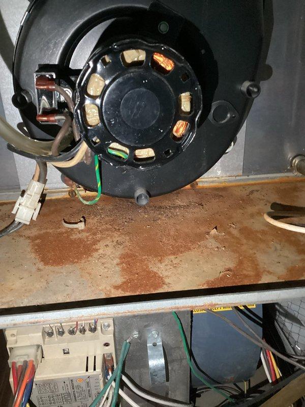 Responded to no-heat service call on a 30-year-old furnace with extensive cabinet rust. Diagnosed system failure with no proper ignition sequence when tested with jumper wires. Noted immediate red light termination and continuous blower operation. Observed water-damaged manual and significant corrosion around blower motor assembly and control board. Provided free estimate for replacement.