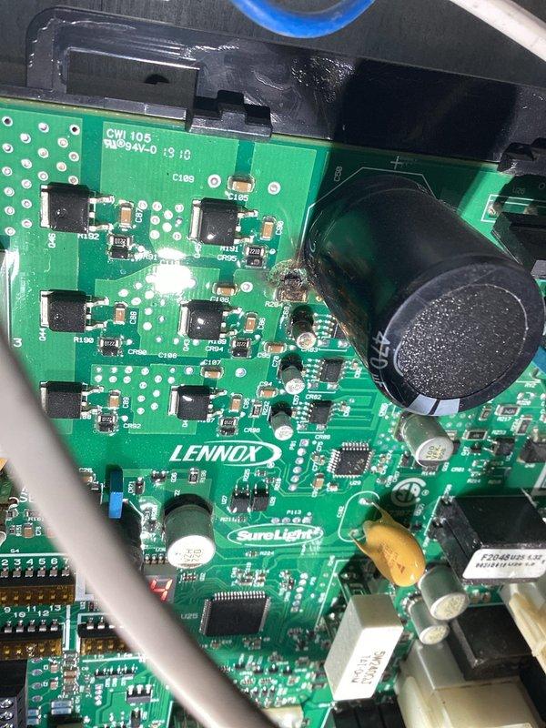 Responded to no-heat complaint on 12-year-old Lennox furnace. Diagnostic revealed error codes HA478 and E126, with circuit board failure evident upon inspection. Further examination identified potential perforations in the heat exchanger with visible rust staining along seams. Documented defective components with photos. Furnace requires both control board replacement and heat exchanger evaluation. Customer advised of repair options and replacement recommendation due to equipment age and condition. Responded to no-heat complaint on 12-year-old Lennox furnace. Diagnostic revealed error codes HA478 and E126, with circuit board failure evident upon inspection. Further examination identified potential perforations in the heat exchanger with visible rust staining along seams. Documented defective components with photos. Furnace requires both control board replacement and heat exchanger evaluation. Customer advised of repair options and replacement recommendation due to equipment age and condition.