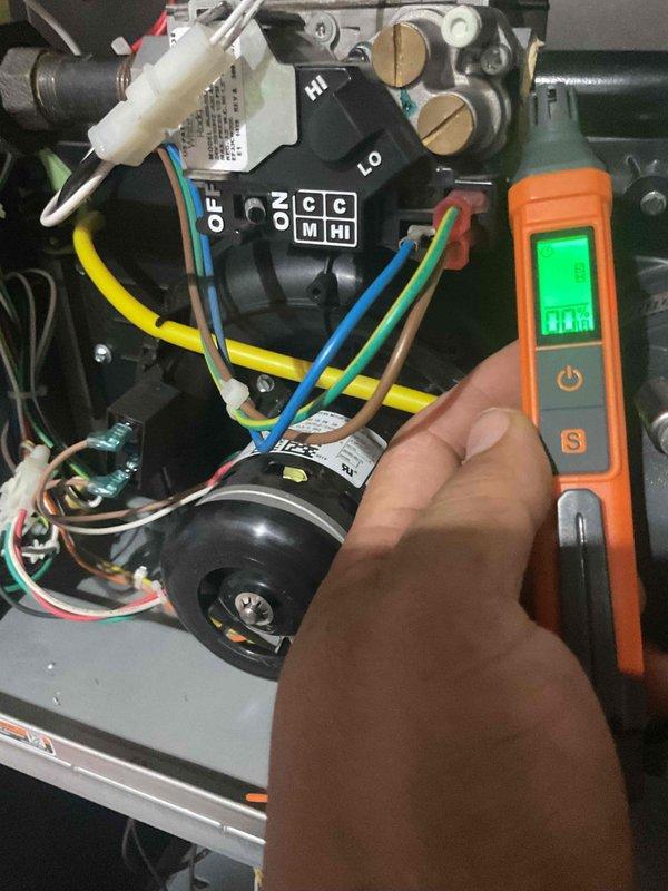 Performed complete furnace and AC tune-up service on 10-year-old system. Conducted electrical testing with SC640 multimeter confirming proper voltage readings. Replaced dirty filter and verified proper system operation. No operational issues identified after comprehensive inspection.