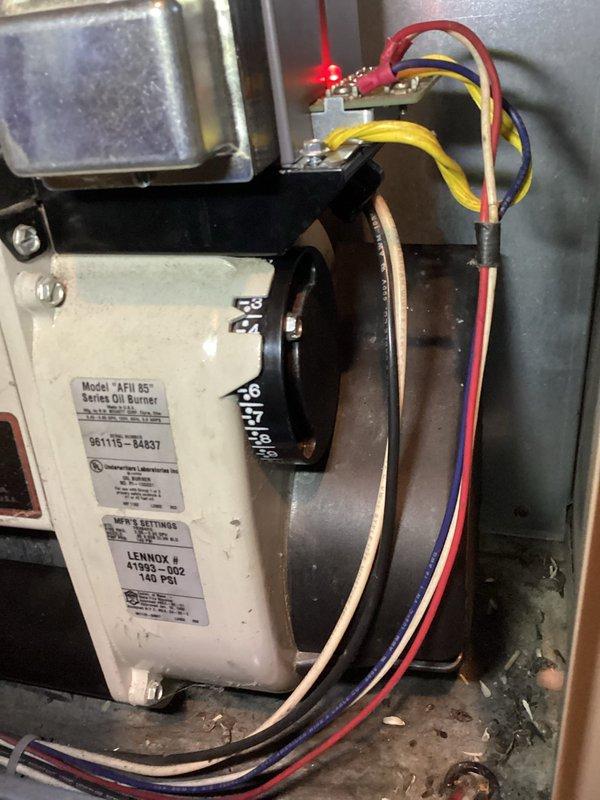 Responded to a sold repair for a Lennox Model AFU 85 oil furnace to replace a defective single stage control board. Upon inspection, identified additional issues with the air adjustment mechanism affecting proper flame control. Determined that specialized parts may be unavailable for this aging unit and recommended customer consult with sales advisor regarding potential oil furnace replacement options.