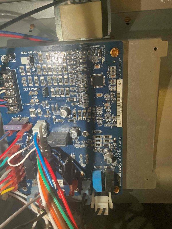 Responded to no heat call where unit had functioning fan but no ignition. Diagnosed faulty control board (CCLIU9231-1) and replaced it with new component, restoring heating functionality. All connections were properly secured and system tested for proper operation before completion.