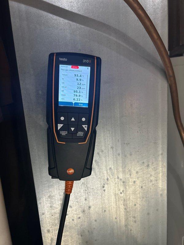 Responded to no heat issue on furnace previously serviced for rewiring. Diagnosed system overheating and periodic shutdown with "shut down unexpectedly" error message. Performed comprehensive diagnostics including checking gas pressure (adjusted lower), verifying proper airflow, confirming temperature rise within specification range, and conducting combustion analysis with Testo 310 II analyzer confirming safe operation levels. Verified all vents were open. Possible underlying causes identified as duct sizing issues or dirty ducts requiring future attention.