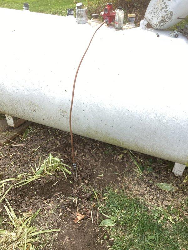 Repaired kinked copper gas line near customer's LP tank by cutting out damaged section and replacing approximately 3 feet of line, reusing existing fittings. Performed leak check after repair, restarted furnace, and verified proper system operation. All components functioning correctly following service.