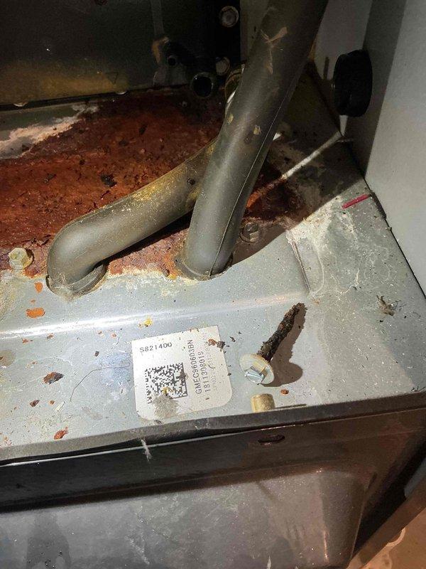 Replaced collector box on 7-year-old furnace after identifying the source of the leak was behind a severely corroded draft motor screw. The corroded screw broke during removal, requiring installation of a replacement screw. System now operating properly with no leaks.