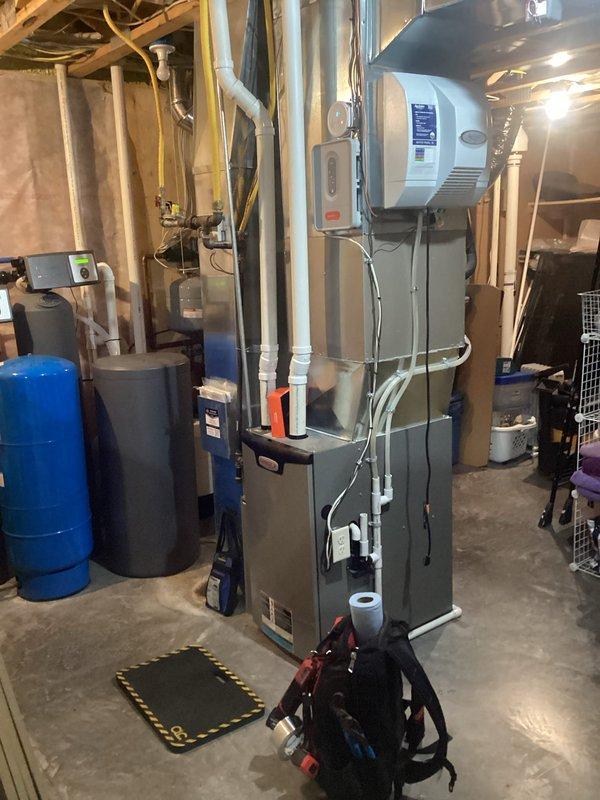 Performed scheduled furnace tune-up on 2-year-old system. Inspected and verified clean filter and humidifier pad, balanced blower, functional electrical components, and clear condensate lines. Heat exchanger inspection showed no compromises with proper temperature rise (60-70°F). Diagnostic testing confirmed correct gas pressure and proper zone operation throughout all systems. All components functioning within manufacturer specifications. Performed scheduled furnace tune-up on 2-year-old system. Inspected and verified clean filter and humidifier pad, balanced blower, functional electrical components, and clear condensate lines. Heat exchanger inspection showed no compromises with proper temperature rise (60-70°F). Diagnostic testing confirmed correct gas pressure and proper zone operation throughout all systems. All components functioning within manufacturer specifications.