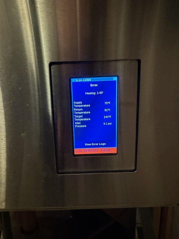 Responded to no-heat service call for boiler system displaying error code SLT-11603. Diagnosed inadequate airflow issue and identified faulty combustion blower and temperature sensors. Replaced combustion blower and determined both supply and return temperature sensors require replacement due to temperature differential readings (return 81°F reading higher than supply 75°F). Parts ordered for completion of repair.