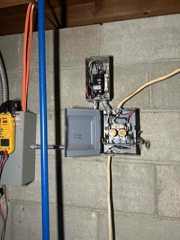 Responded to urgent service call regarding thermostat communication error with heat pump. Diagnosed power loss to outdoor unit, tracing issue to tripped breaker with corroded connections and damaged wiring in electrical junction box. Customer opted to address electrical repairs independently. Service confirmed thermostat error was caused by power interruption to heat pump system.