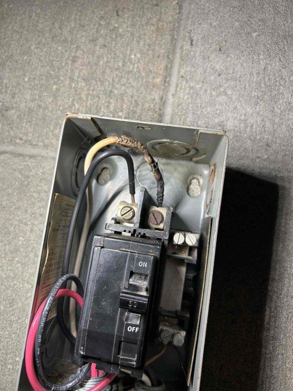 Responded to urgent service call regarding thermostat communication error with heat pump. Diagnosed power loss to outdoor unit, tracing issue to tripped breaker with corroded connections and damaged wiring in electrical junction box. Customer opted to address electrical repairs independently. Service confirmed thermostat error was caused by power interruption to heat pump system.