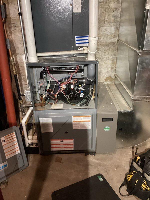 Performed scheduled furnace tune-up on 7-year-old FRP system under rewards membership. Inspected heat exchanger (no defects found), cleaned condensate, flame sensor, and burners. Replaced customer-supplied MERV 16 filter and verified proper furnace operation. All maintenance tasks completed per agreement specifications.