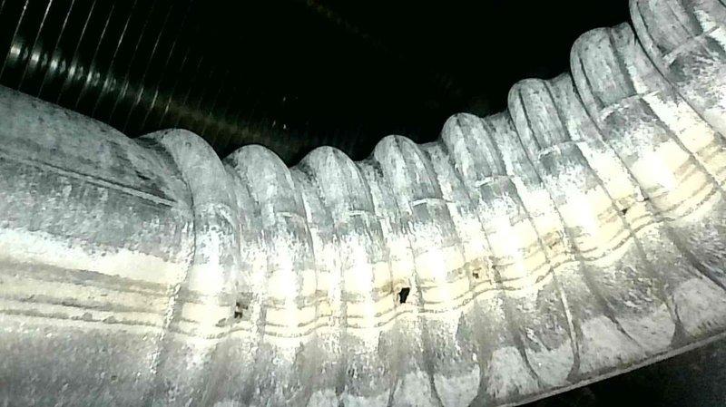 Performed scheduled furnace tune-up inspection and identified multiple holes in the heat exchanger. Visual documentation confirmed damage to flexible ductwork with visible perforations. Complete heat exchanger replacement was conducted due to age-related deterioration and safety concerns.