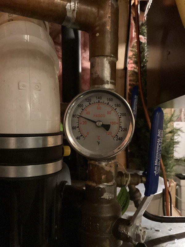 Diagnosed low water pressure issue in infloor heating boiler system. Increased pressure to 15psi, purged air from loops and pump, and verified pump operation. Set water temperature to 135°F and cycled system to confirm restoration of normal operation for the infloor heating.