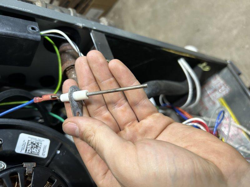 Conducted annual preventive maintenance on 6-year-old furnace. Performed operational testing, inspected temperature rise and gas pressure, and cleaned routine components. Examined igniter assembly and blower wheel during inspection. Air filter showing initial signs of contamination but still functional; recommended customer keep replacement filters on hand. All systems verified operating within normal parameters.