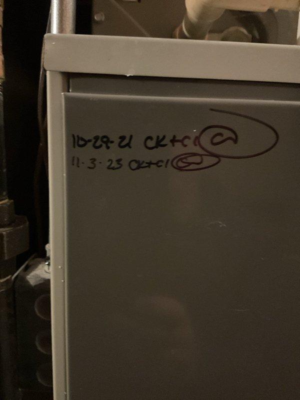 Completed annual HVAC maintenance on 19-year-old gas furnace for new customer. Inspected heat exchanger which appeared in acceptable condition despite age, with evidence of previous repairs. Noted adjacent 80-gallon water heater with visible leak dripping onto floor from pedestal. Customer scheduled follow-up appointments for equipment replacement quotes for both HVAC and plumbing systems.