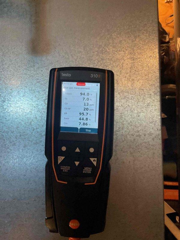 Performed furnace tune-up on 1-year-old unit with no reported issues. Identified and replaced dirty filter. Conducted combustion analysis with Testo 310 gas analyzer showing proper operation with 95.7% efficiency and normal CO levels (13 ppm).