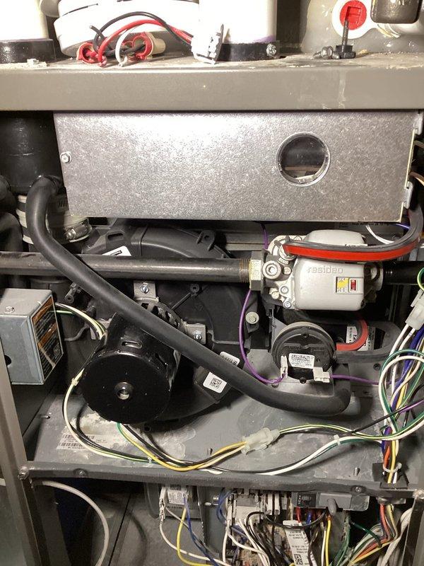 Replaced failed blower motor and ECM in furnace due to excessive construction dust buildup. Cleaned accumulated debris from blower wheel blades which had caused imbalance and operational strain. System now functioning normally after parts replacement, cleaning, and operational testing.