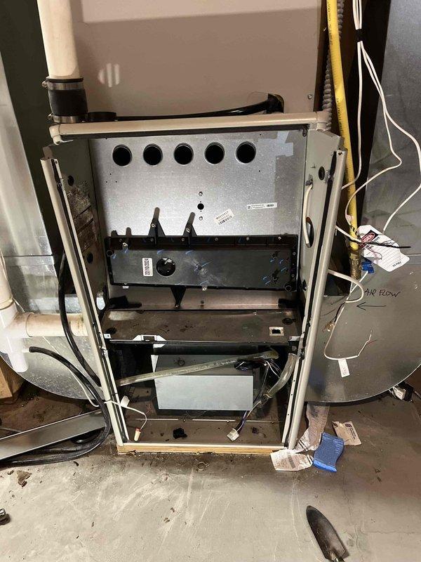 Successfully replaced warranty heat exchanger with normal access on customer's furnace. Installed new control board and completed necessary warranty paperwork. Unit tested after reassembly and is now operating properly with all systems functioning as designed.